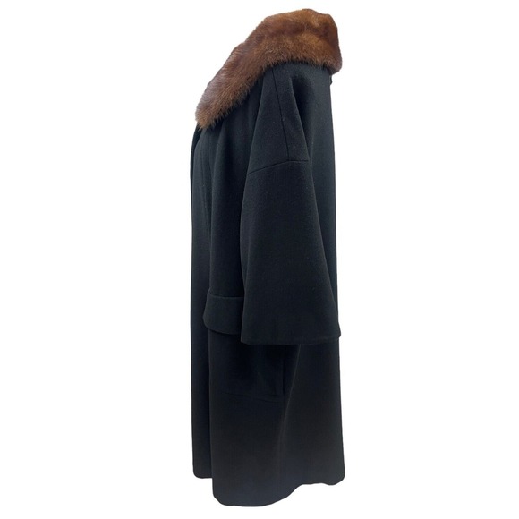 VTG Black Wool A-Line Swing Coat Scalloped Mink Collar Raglan Sleeves Jackie O - Picture 4 of 16